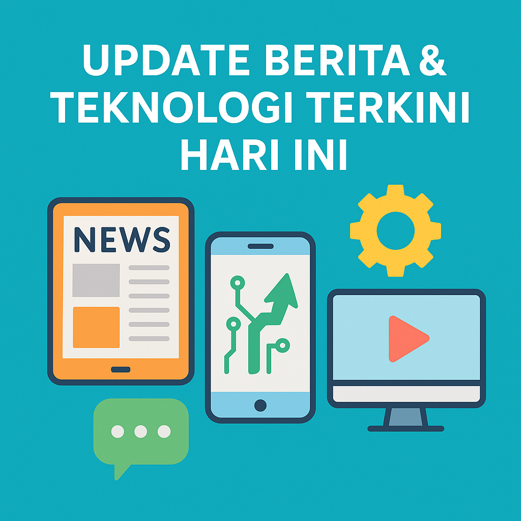 Ilustrasi berita dan teknologi terkini dengan ikon gadget, komputer, dan simbol digital.