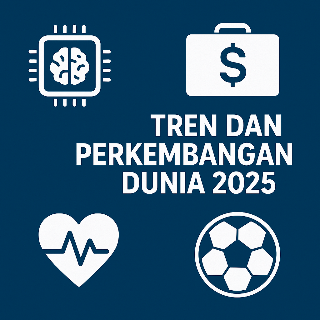 Ilustrasi tren dan perkembangan dunia 2025 dengan ikon teknologi, bisnis, kesehatan, dan olahraga.