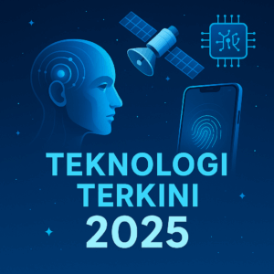 Ilustrasi futuristik teknologi 2025 dengan AI robot, smartphone terbaru, simbol keamanan siber, dan satelit orbit bumi