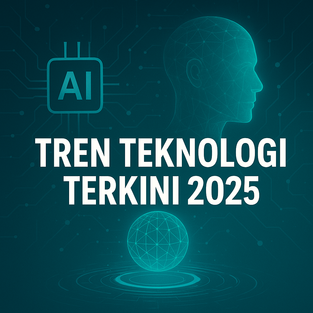 Ilustrasi futuristik dengan siluet manusia digital, ikon AI, dan jaringan teknologi yang merepresentasikan tren teknologi terkini 2025.