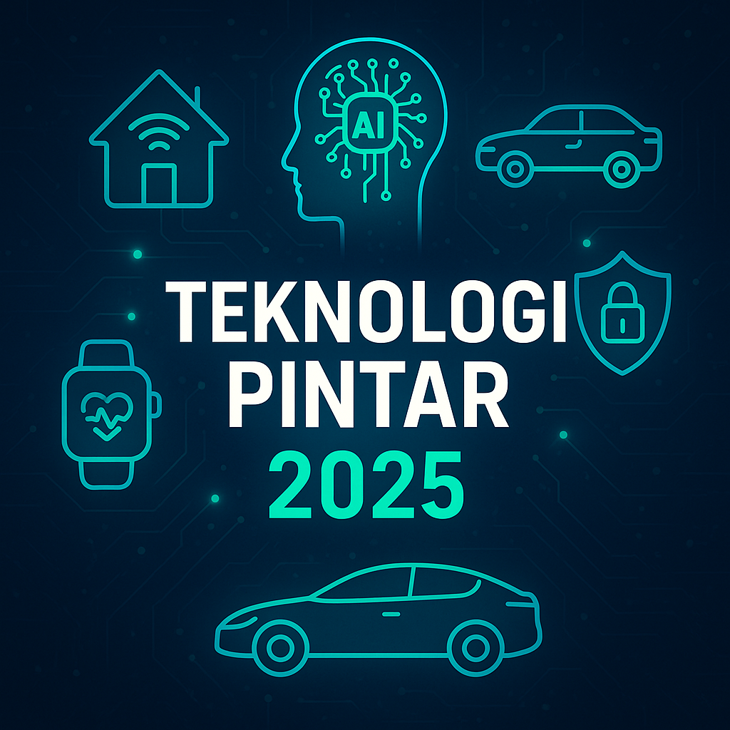 Ilustrasi futuristik bertema teknologi pintar 2025 dengan ikon AI, mobil pintar, rumah digital, dan smartwatch berwarna biru hijau.