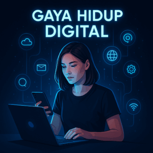 Ilustrasi futuristik gaya hidup digital dengan wanita menggunakan laptop dan smartphone dalam nuansa neon biru gelap.