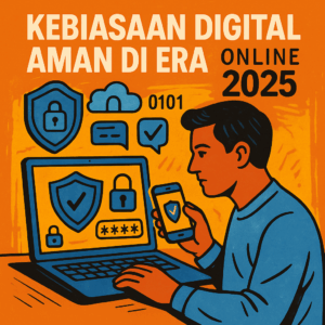 Ilustrasi digital gaya majalah Wired yang menampilkan pria menggunakan laptop dan smartphone dengan ikon keamanan seperti shield, gembok, dan cloud untuk menggambarkan kebiasaan digital aman di era online 2025.