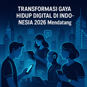 ilustrasi transformasi gaya hidup digital Indonesia 2026 dengan orang menggunakan perangkat pintar dan kota futuristik bernuansa biru
